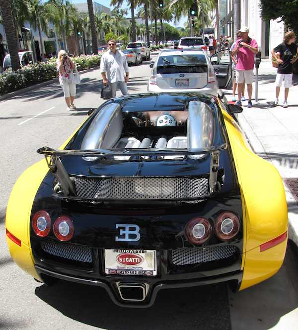 Rear view of Bugatti on Rodeo Drive in Beverly Hills
