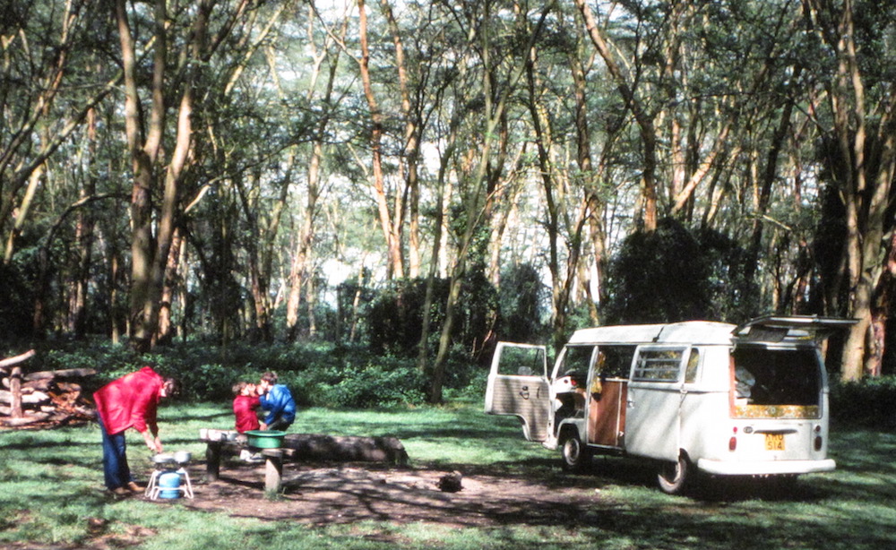 Photo of my family at a campsite in Kenya with our VW Van